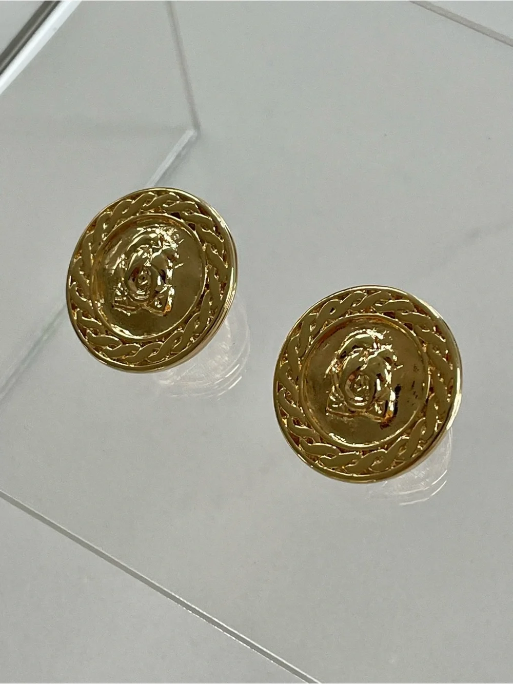 Vintage Liz Claiborne Gold-Tone Clip-On Earrings With Embossed Rose Motif